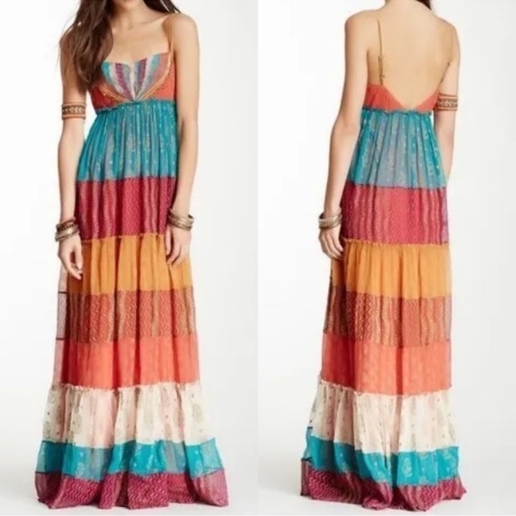 Free People Gilded Caravan Tiered Maxi Dress Size 4 Bohemian Velvet Straps Rare - Picture 11 of 16
